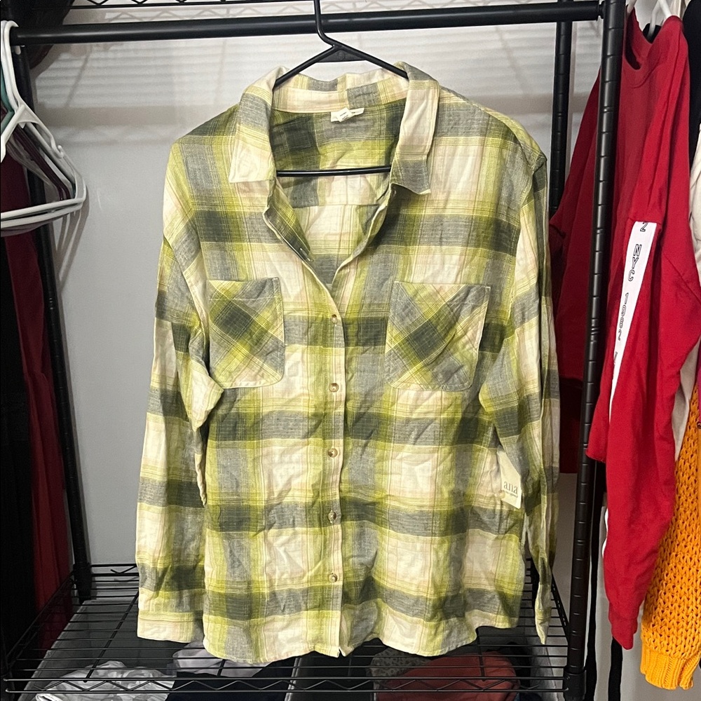 Green and Gray Plaid Button-Up Shirt